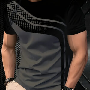 Camiseta Masculina Estilosa com Listras Pretas e Cinzentas e Estampa 3D – Gola Redonda, Manga Curta, Roupa Casual de Verão, Mistura de Poliéster, Lavável à Máquina, Design Moderno Gradiente para Uso Diário