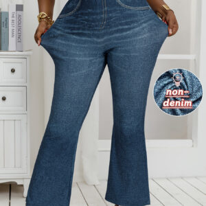 Calças de Cintura Alta e Elásticas em Jeans Sintético para Mulheres Plus Size – Calças Largas com Estampa Completa e Apliques Relaxadas, Laváveis à Máquina para Traje Casual