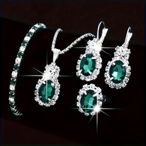 Conjunto de Joias Vintage de Luxo para Mulheres – 5pcs Colar Oval Verde, Anel, Brincos e Pulseira – Moda Elegante para Uso Diário ou Presente, Joias Vintage, Estilo Retrô, Estilo de Luxo, Tema de Férias