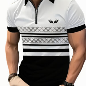 Conforto Diário] Camisa Masculina com Estampa 3D, Manga Curta e Gola com Zíper em Rosa, Preto & Branco – Casual de Verão com Padrão Geométrico, Poliéster, Lavável à Máquina