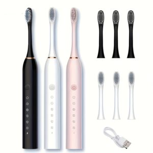 Escova de dentes elétrica inteligente de 6 velocidades com 4/8 cabeças substituíveis, bateria USB recarregável, 8 modos para adultos – Presente ideal para o Dia do Pai, opções em branco e rosa, escova de dentes inteligente|Escova de dentes moderna|Bateria recarregável