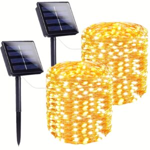 Corda de Luz Solar Externa, 10,0 metros, 100 LED Luz de Fada Solar com 8 Modos, Fio de Cobre Luminoso Apropriado para Natal, Árvore de Festa, Decoração de Quintal (Branco Quente/Colorido)