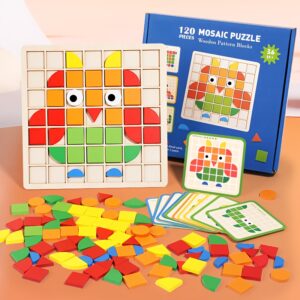 Conjunto de quebra-cabeça de mosaico de madeira com 120 peças, brinquedos de madeira, jogos de mesa de quebra-cabeça 3D em várias cores e formas, blocos de construção, perfeito para presentes de aniversário, Natal, Halloween e Ano Novo