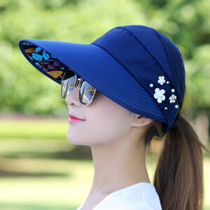Chapéu de sol de verão para mulheres, proteção UV, versátil e casual, ideal para viagens, dobrável, aba larga, design interno floral, ajustável com decoração de flores