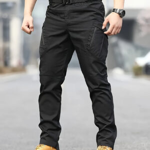 Calça Tática Masculina 100% Poliéster Estilo Esportivo, Calça Cargo Sólida Não Elástica com Bolsos para Caminhadas e Fim de Semana Casual, Uso Quatro Estações, Calça Adulta Tecida de Ajuste Regular