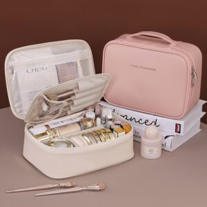 Bolsa de Cosméticos de Alta Qualidade e Grande Capacidade com Múltiplos Compartimentos – Organizador de Viagem em PU Durável, Nécessaire Portátil com Zíper para Mulheres e Homens, Bege Claro, Bolsa de Maquiagem