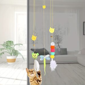Brinquedo para Gatos de Pendurar na Porta com Corda Elástica – Divertido Teaser para Gatos com Bolas de Pelúcia, Cara de Gato e Varinha de Pena – Atividade Interativa para Gatos de Interior, Brinquedos para Gatos de Interior