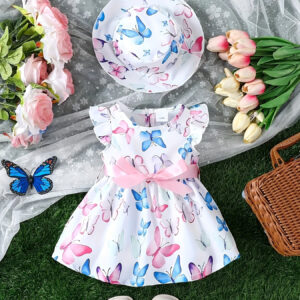 Conjunto de Vestido e Chapéu com Estampa Borboleta para Meninas – Fantasia Fofa de Manga Folgada para Bebê