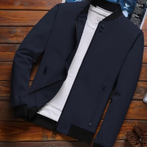 Casaco Softshell Casual Masculino – 100% Poliéster Gola Alta, Jaqueta Leve de Cor Sólida Não Elástica com Bolso para Primavera/Outono, Tops Tecidos de Ajuste Regular para Casual de Fim de Semana – Aplicável para Homens