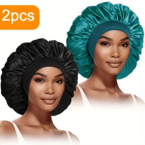 2pcs Toucas de Dormir de Cetim Luxuosas para Mulheres – Bonés Extra Grandes com Faixa Elástica Larga, Chapéus de Cabelo Noturnos Confortáveis para Cabelos Encaracolados & Lisos, Preto & Azul-Petróleo, Material de Poliéster Sem Fragrância, Cuidado para Cabelos Encaracolados | Acabamento de Cetim Brilhante | Toucas de Dormir de Poliéster