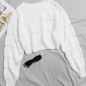 Suéter de Malha Canelada Cinza Claro Elegante para Mulheres – Gola Redonda Casual, Top Curto de Manga Longa, 100% Poliéster, Perfeito para Trabalho & Vestuário Casual, Suéter de Todos os Dias|Top de Gola Redonda|Pulôver Estiloso
