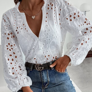 Camisa de manga longa casual feita de tecido de renda bordada para mulheres