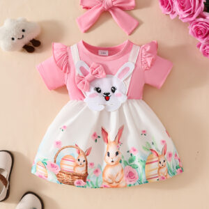 Vestido Curto de Manga Curta Bordado de Desenho Animado Fofo com Lenço de Cabeça