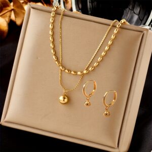Conjunto de 3 peças, design minimalista e fashion de pingente de contas redondas, colar e brinco de aço inoxidável, banhados a 18K, adequados para uso diário ou em festas