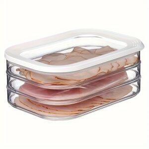 Recipiente de PET empilhável de 3 camadas para presuntos frios, organizador quadrado multiuso para armazenamento de salsichas e carne no frigorífico, reutilizável, lavagem à mão, não necessita de eletricidade
