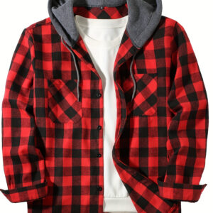Camisa xadrez casual com capuz para homens, roupa de botão de manga longa, vestuário de moda