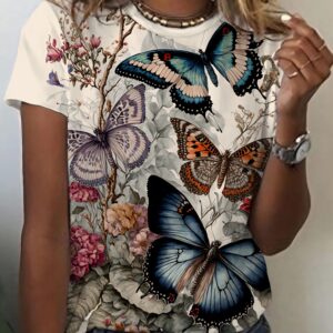 Camiseta casual feminina estampada com borboletas, top de manga curta estampado em 3D, camiseta de gola redonda na moda para uso diário