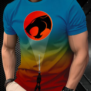 Camiseta Masculina com Estampa 3D de Iluminação – Camiseta Casual de Gola Redonda com Design de Rosto de Pantera, Poliéster, Lavável à Máquina, Cor Gradiente de Azul para Vermelho