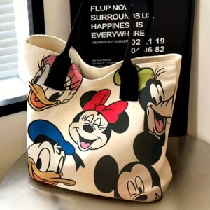 Bolsa Tote Grande de Lona com Desenho Animado de Mickey e Minnie Mouse – Design Colorido, Bolsa Espaçosa para Ombro e Mão para Compras, Viagem e Uso Diário, Bolsa Novidade
