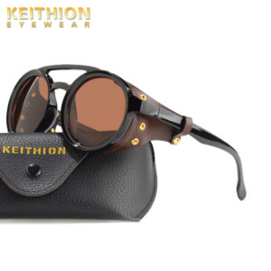 Óculos Redondos Vintage Steampunk KEITHION, Óculos Retrô para Homens com Lentes Laterais de Couro Falso