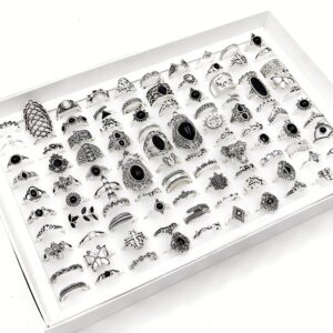 30 Peças/Conjunto de Anéis Vintage Boêmios Pretos com Pingentes de Elefante, Borboleta e Flores para Mulheres – Conjunto Étnico de Joias para Festas à Venda por Atacado