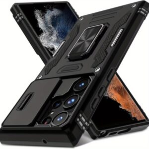 Capa Protetora para Samsung S25 S24 S23 S22 S21 S20 Ultra A 42 A22 A 12 A32 A33 A51 A52 A72 A71 A73 A53 A14 A 13 A34 A54 A23 com Tampa Deslizante para Câmera e Suporte Giratório Embutido [Proteção Completa da Câmera]