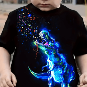 Camiseta Infantil com Estampa de Dinossauro e Design de Tinta Colorida – Poliéster Macio, Gola Redonda, Manga Curta Casual para Meninos – Perfeita para o Verão e Primavera