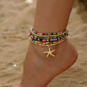 Tornozeleira Boho-Chic com Pingente de Estrela-do-Mar e Contas de Arroz Coloridas – Joia de Pé de Praia Multicamadas em Liga Vintage, Presente Perfeito para Ela