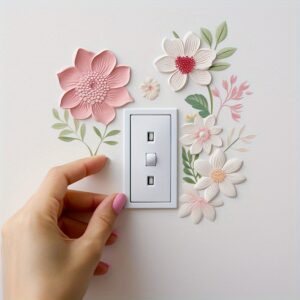 Adesivo Elegante para Interruptor de Luz com Flores – Autoadesivo, Decalque Removível em PVC com Flores Cor-de-Rosa & Folhas Verdes para Decoração de Sala de Estar e Hall de Entrada, Decoração Floral