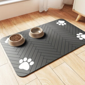 1pc Tapete de Alimentação para Animais de Estimação de Terra de Diatomáceas de Secagem Rápida – À Prova de Respingos, Absorvente, Fácil de Limpar para Cães e Gatos, Padrão Espinha de Peixe com Design de Pegada, Preto, Tapetes de Alimentação para Animais de Estimação Laváveis