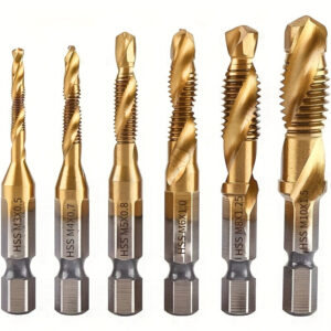 Conjunto de 6 Peças de Brocas e Machos em Titânio Premium – Conjuntos de Rosca Métrica de Alta Velocidade para Parafusos M3 M4 M5 M6 M8 M10 para Furação Eficiente, Escareamento e Criação de Furos Precisos – Ferramenta Durável para Uso Profissional e DIY
