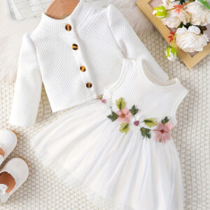 Conjunto Casual de Menina com Vestido Floral e Jaqueta de Manga Longa