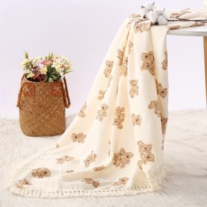 1pc CozySoft Malha Cobertor de Abraço com Estampa de Ursinho de Pelúcia, Franja Macia com Borla, Musselina Respirável para Enfaixar, 80cm x 65cm