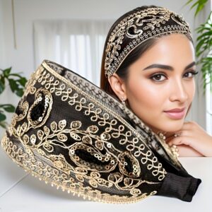 1pc Elegante Vintage Poliéster Faixa de Cabeça com Lantejoulas e Embellishments Florais – Acessório de Cabelo Largo Antiderrapante para Mulheres, Uso Diário, Coleção Primavera e Verão, Carnaval/Mardi Gras/Masquerade