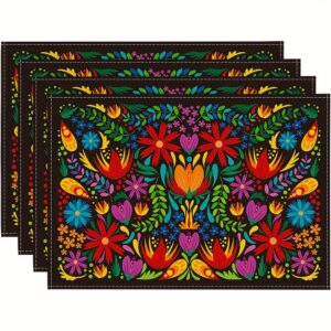 Conjunto de 4 jogos americanos de poliéster – jogos americanos retangulares de 12×18 para jantar, lavagem à mão, decoração floral Fiesta mexicana Cinco de Mayo e Dia de Los Muertos