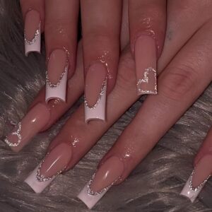Conjunto de Unhas Postiças em Forma de Caixão Médio com Borda Branca e Coração Francês com Glitter, 24 peças – 1 Lixa para Unhas & 1 Cola Adesiva para Unhas – Presente para Meninas, Mães e Mulheres – Conjunto de Arte de Unha Clareadora com Unhas Falsas Destacáveis para Festivais, Encontros e Uso Diário
