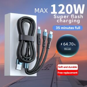 Cabo de carregamento rápido USB 3 em 1 de 120W com portas Micro USB e Type-C – Macio e durável, suporta super carregamento flash para telefones Realme, Samsung, Huawei P50, carregamento completo em 35 minutos, desconto de 64,70%, cabo de carregamento de viagem | Design de cabo compacto | Cabo durável
