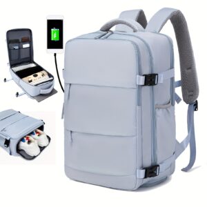 Mochila de Viagem para Laptop Aprovada pela Companhia Aérea de 38.1cm para Mulheres, Poliéster Azul Claro com Alças Ajustáveis, Compartimento para Sapatos & Porta de Carregamento USB – Ideal para Viagens Escolares e de Trabalho, Bolsa para Laptop