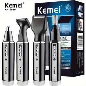 Kit de Cuidados Profissionais Kemei 4 em 1, Aparador de Pêlos de Nariz e Orelha Recarregável por USB, Lâmina de Barba e Sobrancelha, Ferramentas de Cuidados Pessoais para Homens com Bateria de Níquel, Tensão de Funcionamento ≤36V