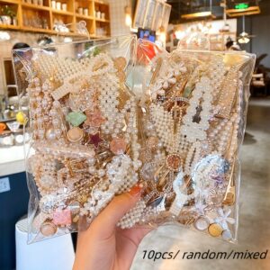 Conjunto de clipes de cabelo de pérolas estilo doce – Barretes elegantes de plástico em forma de gravata de laço com elementos de moda coreana, pegas de bico de pato de cor sólida para mulheres – Pacote de 10