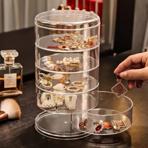 Caixa de joias de 5 camadas, transparente, organizador giratório de brincos e pulseiras, armazenamento multifuncional de mesa com tampa à prova de poeira, suporte de acessórios de plástico, caixas de joias