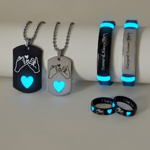 Conjunto de 6 peças de Gancho de Amor Luminoso em Aço Inoxidável para Casal – Colar, Pulseira, Anel, Joias de Moda Feminina, Presente de Promessa de Amor