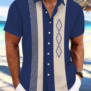 Camisa Masculina Estilosa de Manga Curta com Gola e Desenho de Árvore de Coco, Perfeita para o Verão e Respirável.