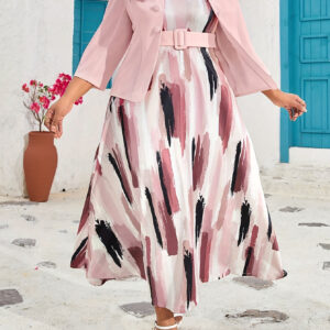 Conjunto de duas peças de calça e camisa estampada elegante rosa para mulheres de tamanho grande