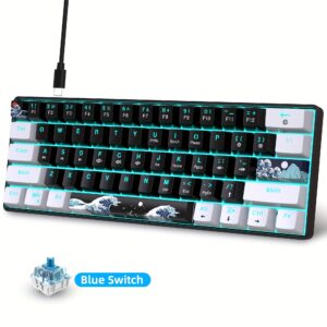[1pc 60% Teclado de Jogo Mecânico] HXSJ Teclado de Jogo Ergonômico 60% Mecânico, com Interruptores Azuis, Cabo USB, Retirador de Capas, Iluminação LED Azul-Marinho, Alimentado por USB, Tensão de Operação ≤36V, sem Bateria Necessária para Jogo