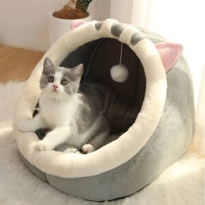 Casa de gato de pelúcia macia com almofada | Condomínio de gato de fibra de poliéster estilo clássico | Cama respirável para animais de estimação para gatos pequenos, médios e grandes | Toca aconchegante para gatos para uso em todas as estações