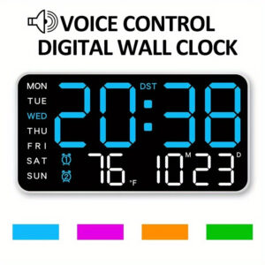Relógio de Parede Digital com Display LED Grande e Controle de Voz – Alimentado por USB, Alarmes Duplos, Temperatura & Data/Semana, Brilho Ajustável, ℃/℉ para Interruptor, Controle Remoto Incluído – Design Preto Elegante para Casa & Escritório