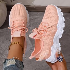 Sapatos Esportivos Sólidos Coloridos Femininos Respiráveis de Sola Grossa, Calçados de Lacinho Casual para Outdoor, Tênis de Cano Baixo Confortáveis em Tamanhos Maiores.