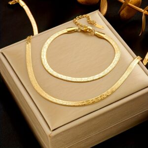 Conjunto de Joias Minimalista Chic 2 peças – Pulseira e Colar de Corrente de Cobra em Aço Inoxidável, Perfeito para Vestuário Casual ou Presente, Joias de Cobra