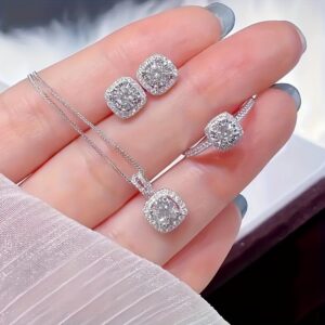 1 Conjunto de Joias de Cuboide de Zircônia, Liga de Zinco com Incrustação de Pedra Sintética, Estilo Luxuoso Elegante, Inclui Brincos, Colar e Anel, Presente Perfeito para Mulheres
